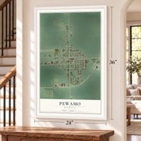 Pewamo, Michigan map, 24 x 36 inch print in a white frame by a staircase