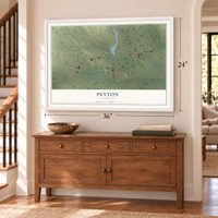 Peyton, Colorado map, 24 x 36 inch print in a white frame above a dresser by a staircase