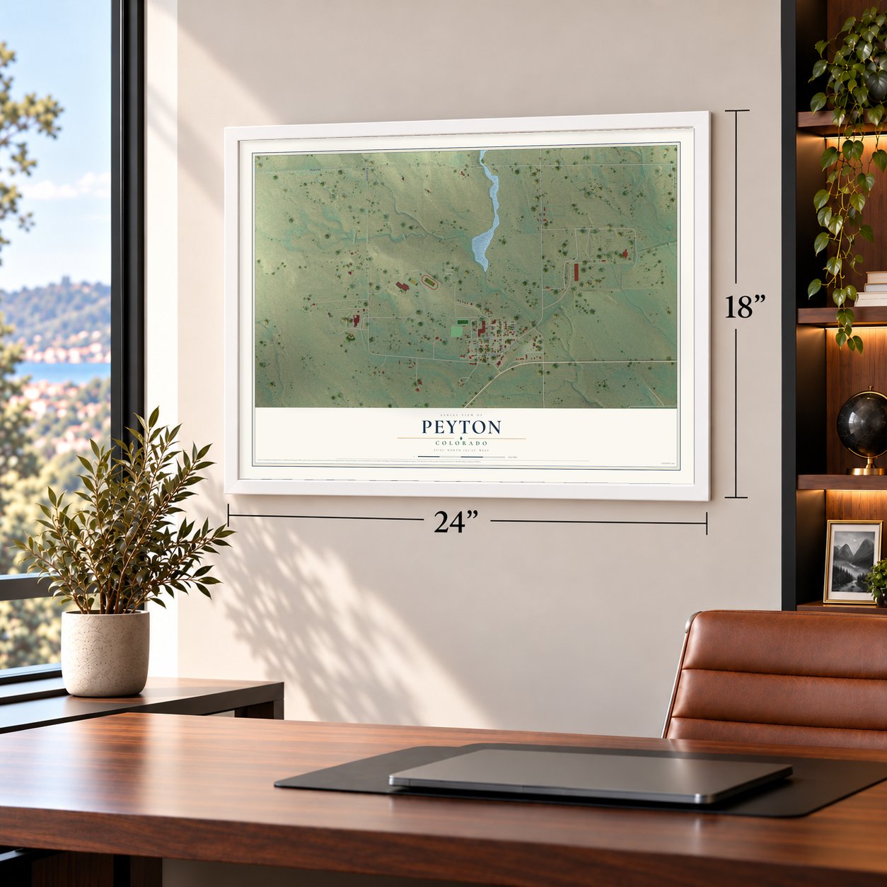 Peyton, Colorado map, 18 x 24 inch print in a white frame in a home office
