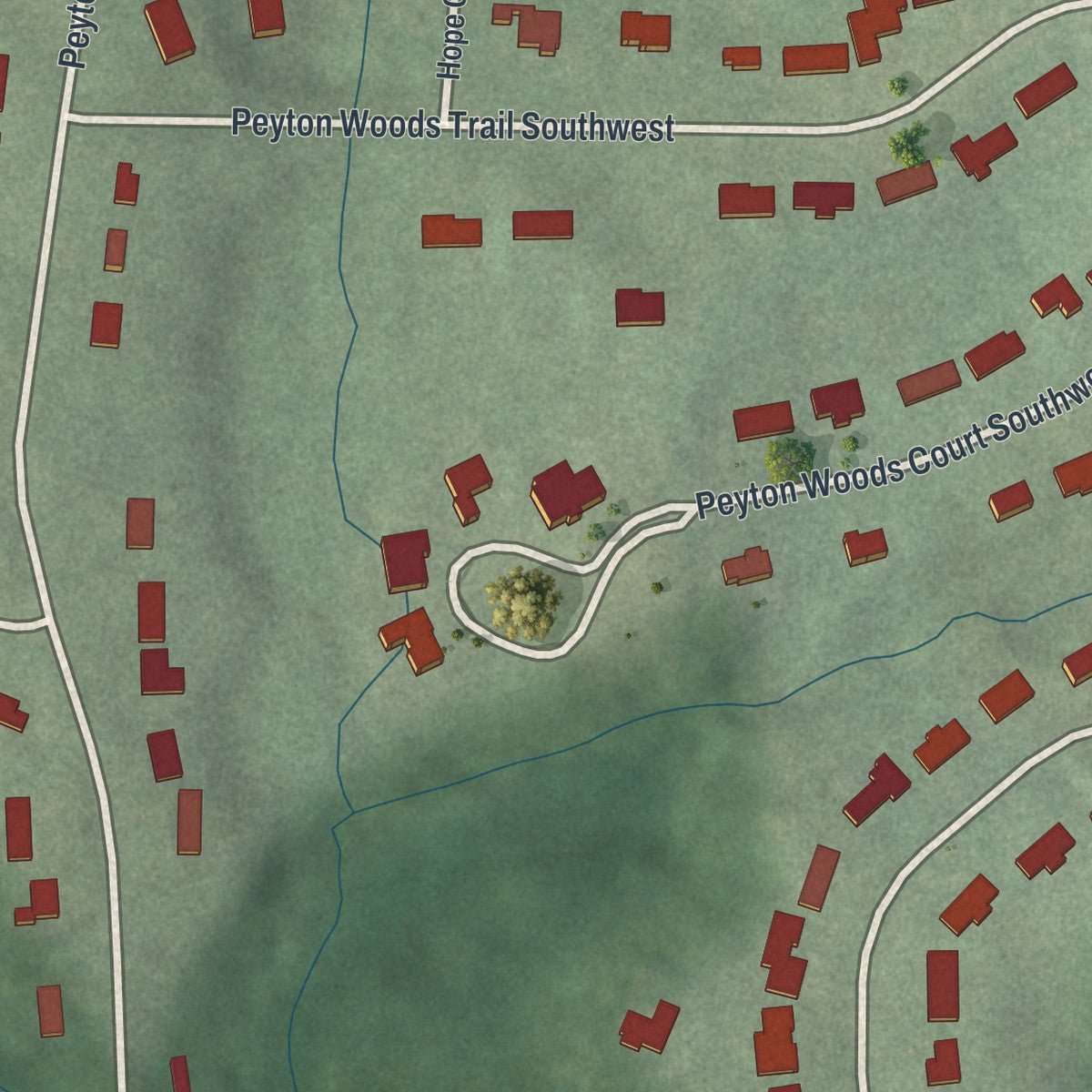 Second close-up of the map of Peyton Forest, Georgia print showing more streets and buildings