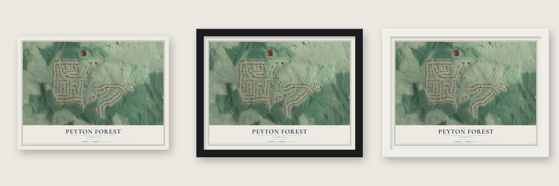 Peyton Forest, Georgia map unframed, in a black wood frame and in a white wood frame