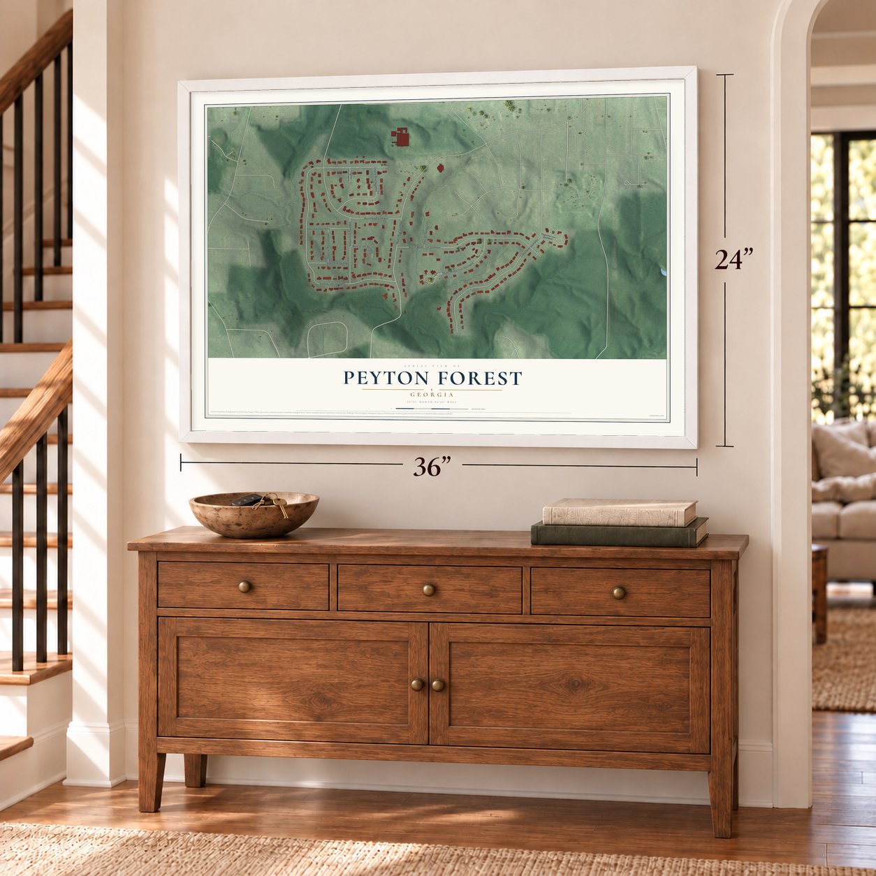 Peyton Forest, Georgia map, 24 x 36 inch print in a white frame above a dresser by a staircase