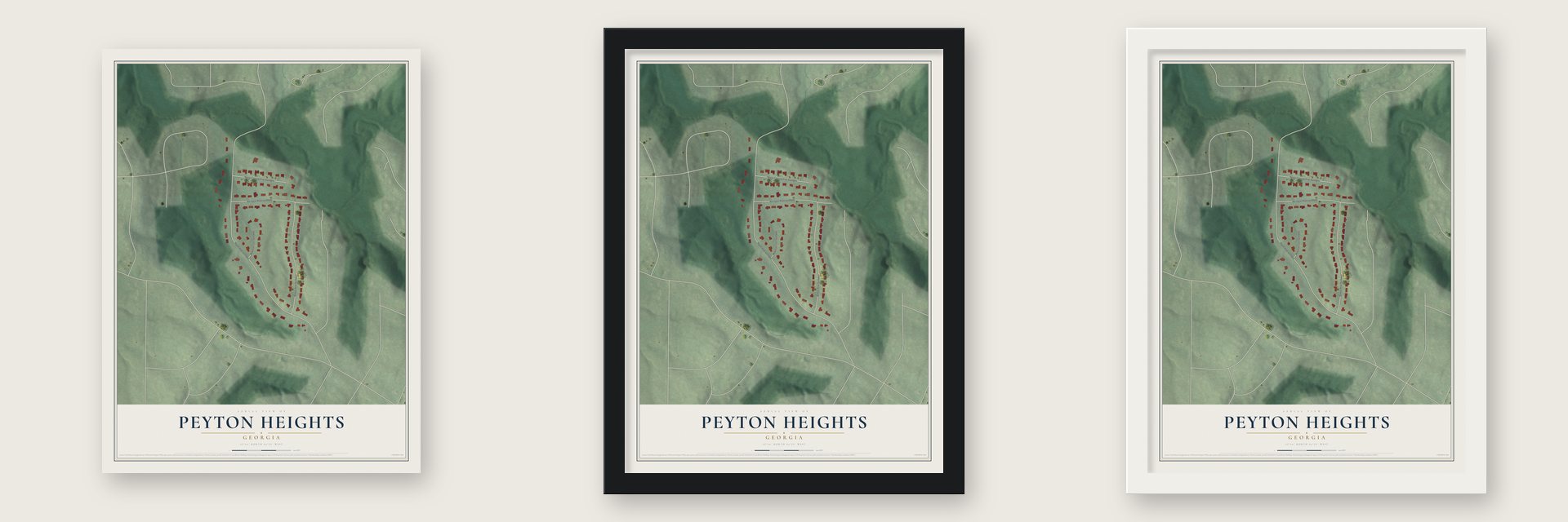 Peyton Heights, Georgia map unframed, in a black wood frame and in a white wood frame