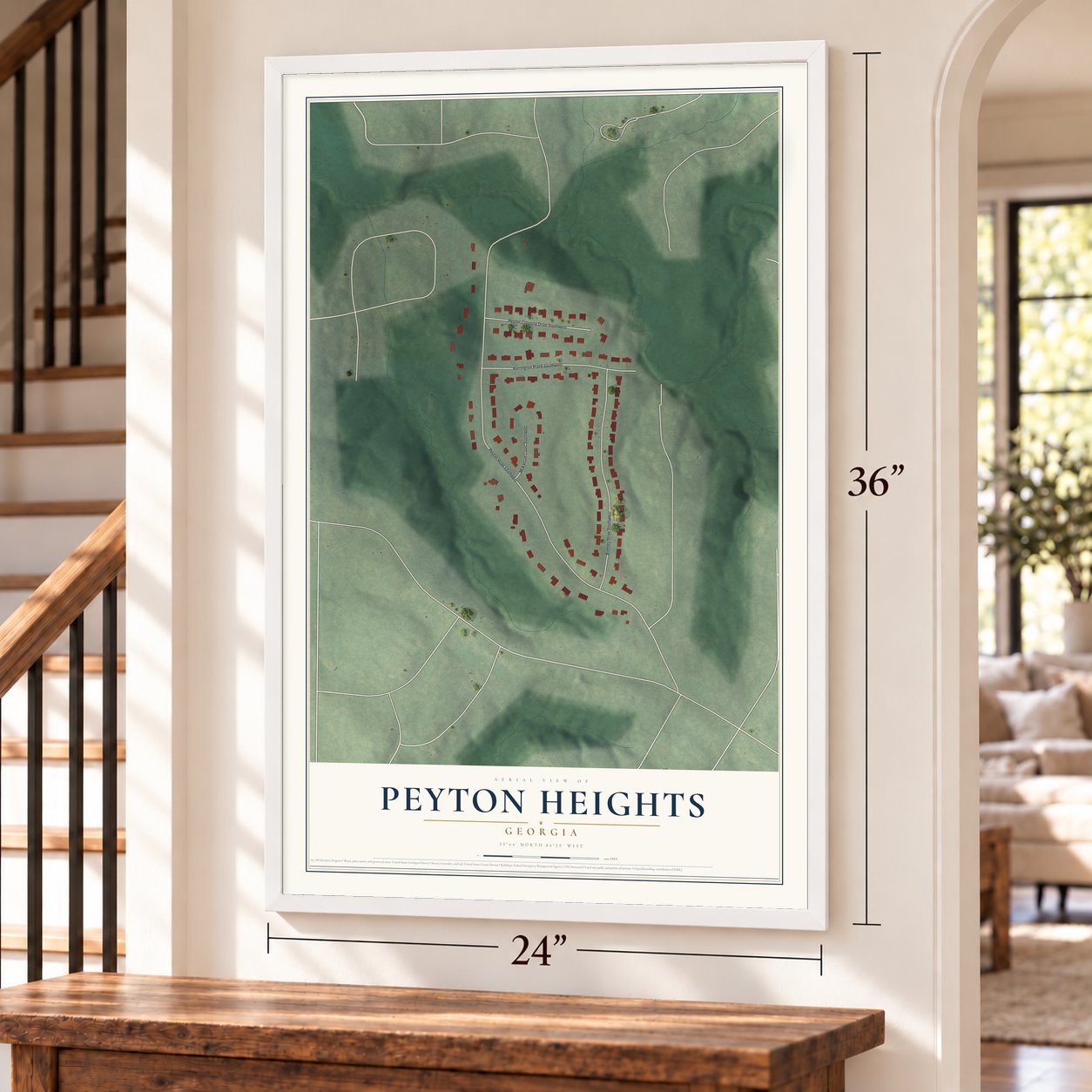Peyton Heights, Georgia map, 24 x 36 inch print in a white frame by a staircase