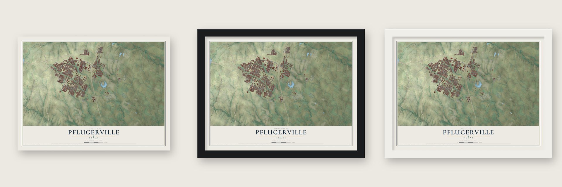 Pflugerville, Texas map unframed, in a black wood frame and in a white wood frame