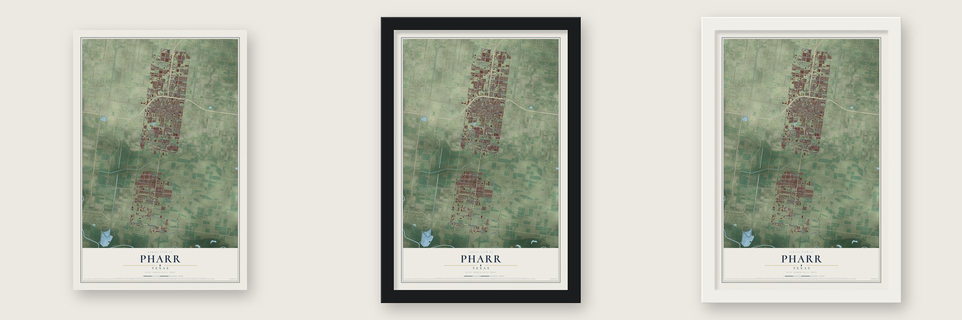 Pharr, Texas map unframed, in a black wood frame and in a white wood frame