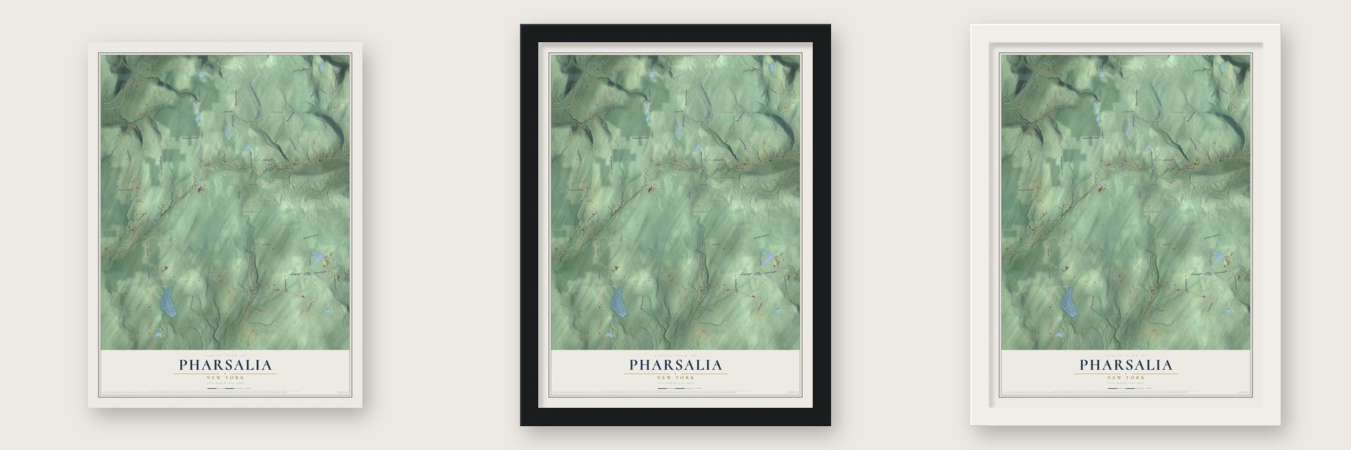 Pharsalia, New York map unframed, in a black wood frame and in a white wood frame