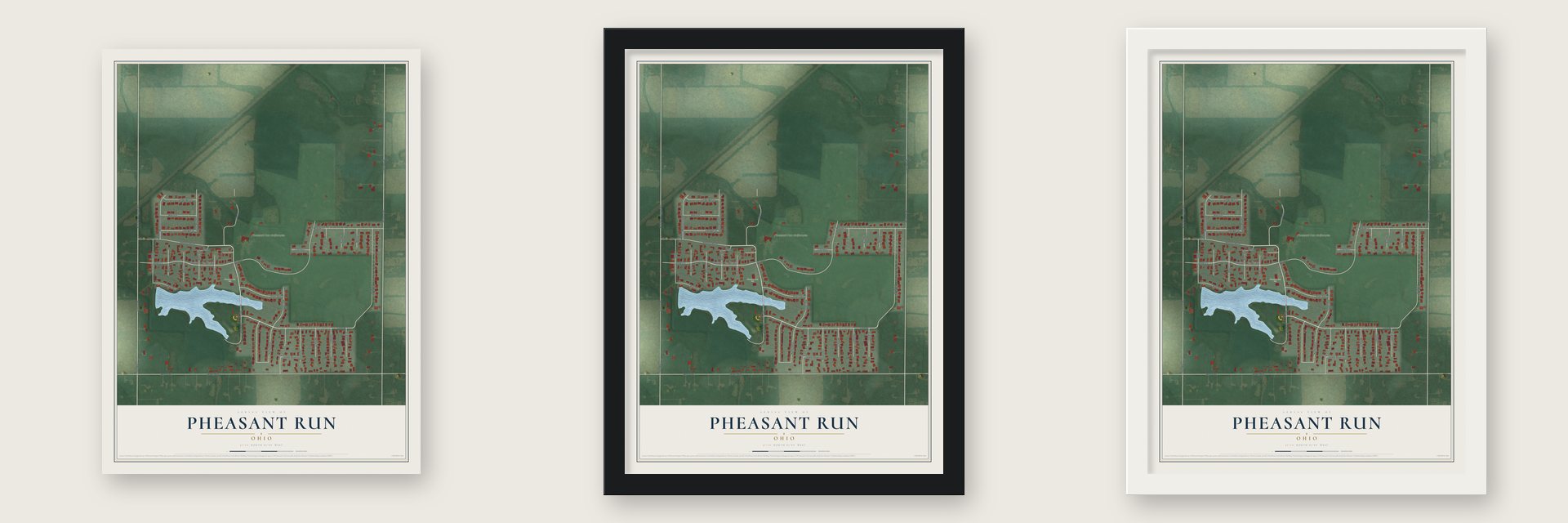 Pheasant Run, Ohio map unframed, in a black wood frame and in a white wood frame