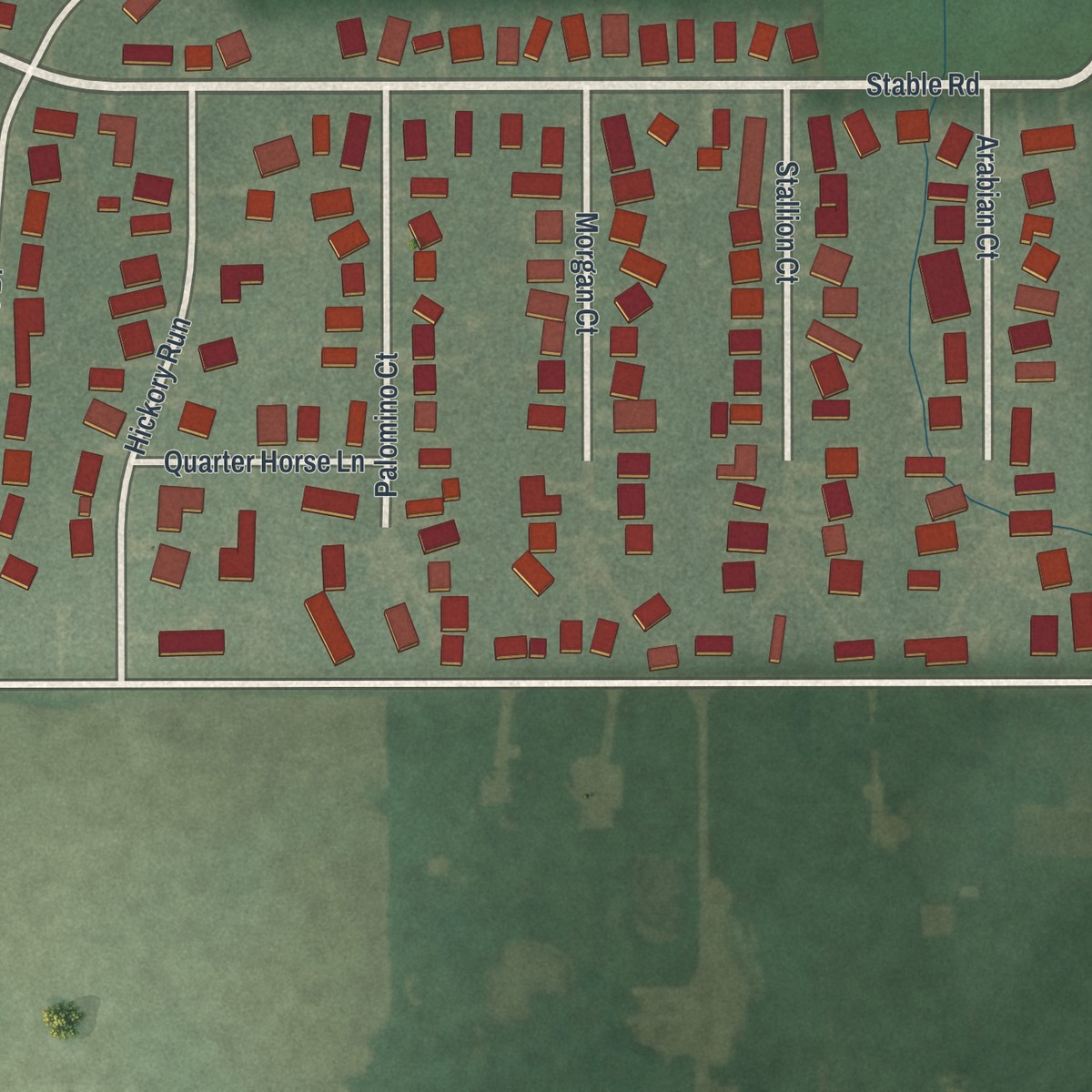 Second close-up of the map of Pheasant Run, Ohio print showing more streets and buildings