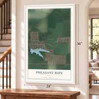 Pheasant Run, Ohio map, 24 x 36 inch print in a white frame by a staircase