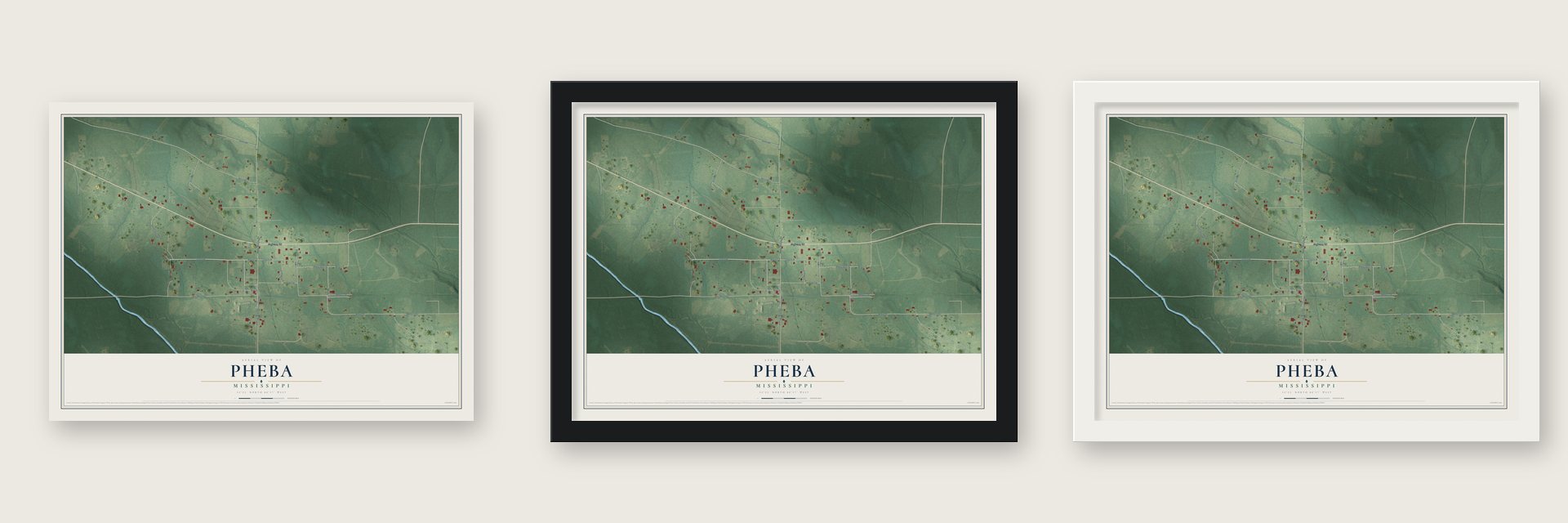 Pheba, Mississippi map unframed, in a black wood frame and in a white wood frame