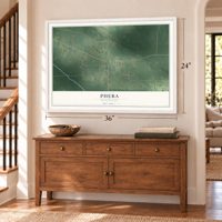 Pheba, Mississippi map, 24 x 36 inch print in a white frame above a dresser by a staircase