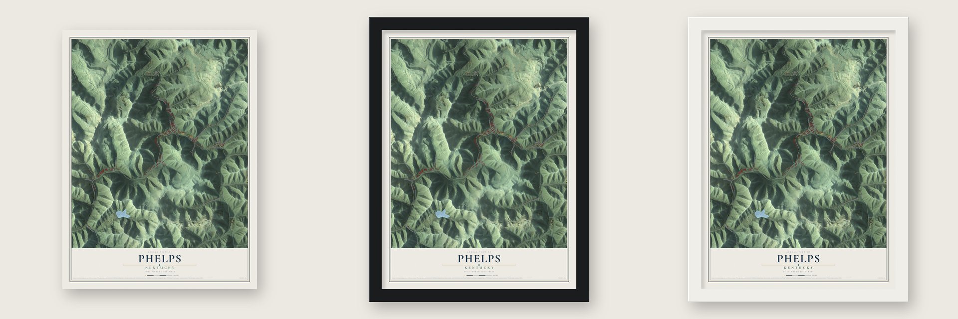 Phelps, Kentucky map unframed, in a black wood frame and in a white wood frame