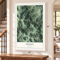 Phelps, Kentucky map, 24 x 36 inch print in a white frame by a staircase