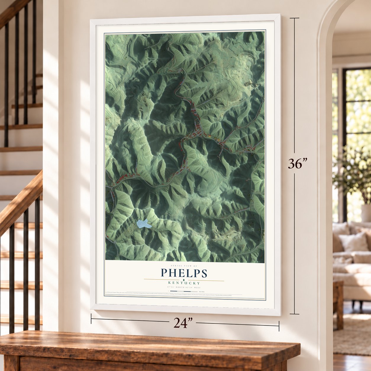 Phelps, Kentucky map, 24 x 36 inch print in a white frame by a staircase