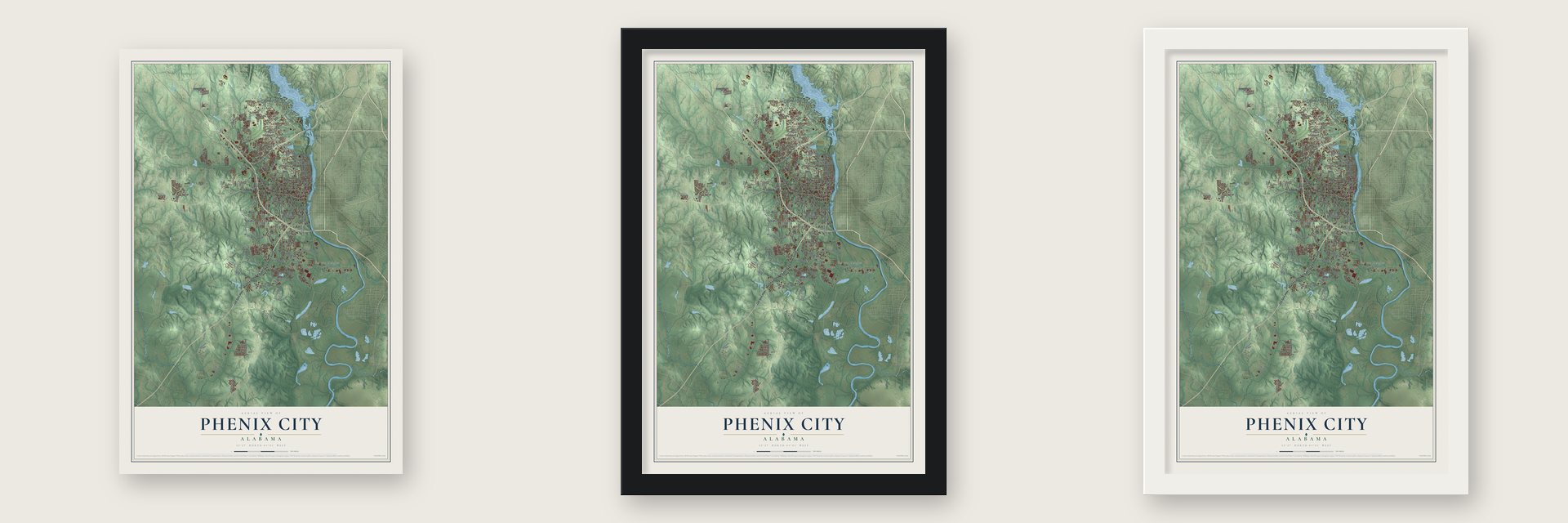 Phenix City, Alabama map unframed, in a black wood frame and in a white wood frame