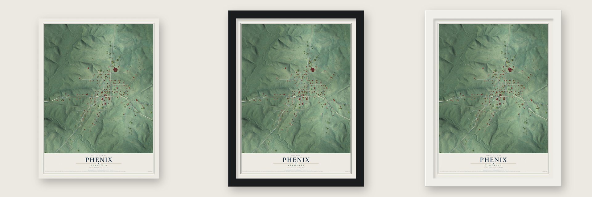 Phenix, Virginia map unframed, in a black wood frame and in a white wood frame