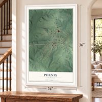 Phenix, Virginia map, 24 x 36 inch print in a white frame by a staircase