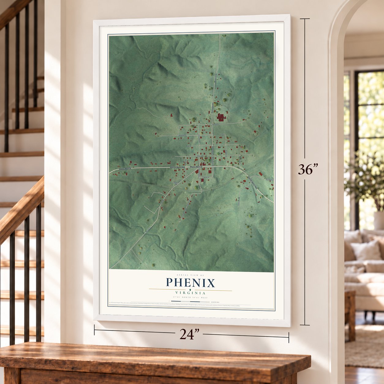 Phenix, Virginia map, 24 x 36 inch print in a white frame by a staircase