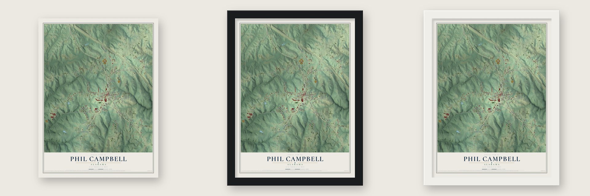Phil Campbell, Alabama map unframed, in a black wood frame and in a white wood frame