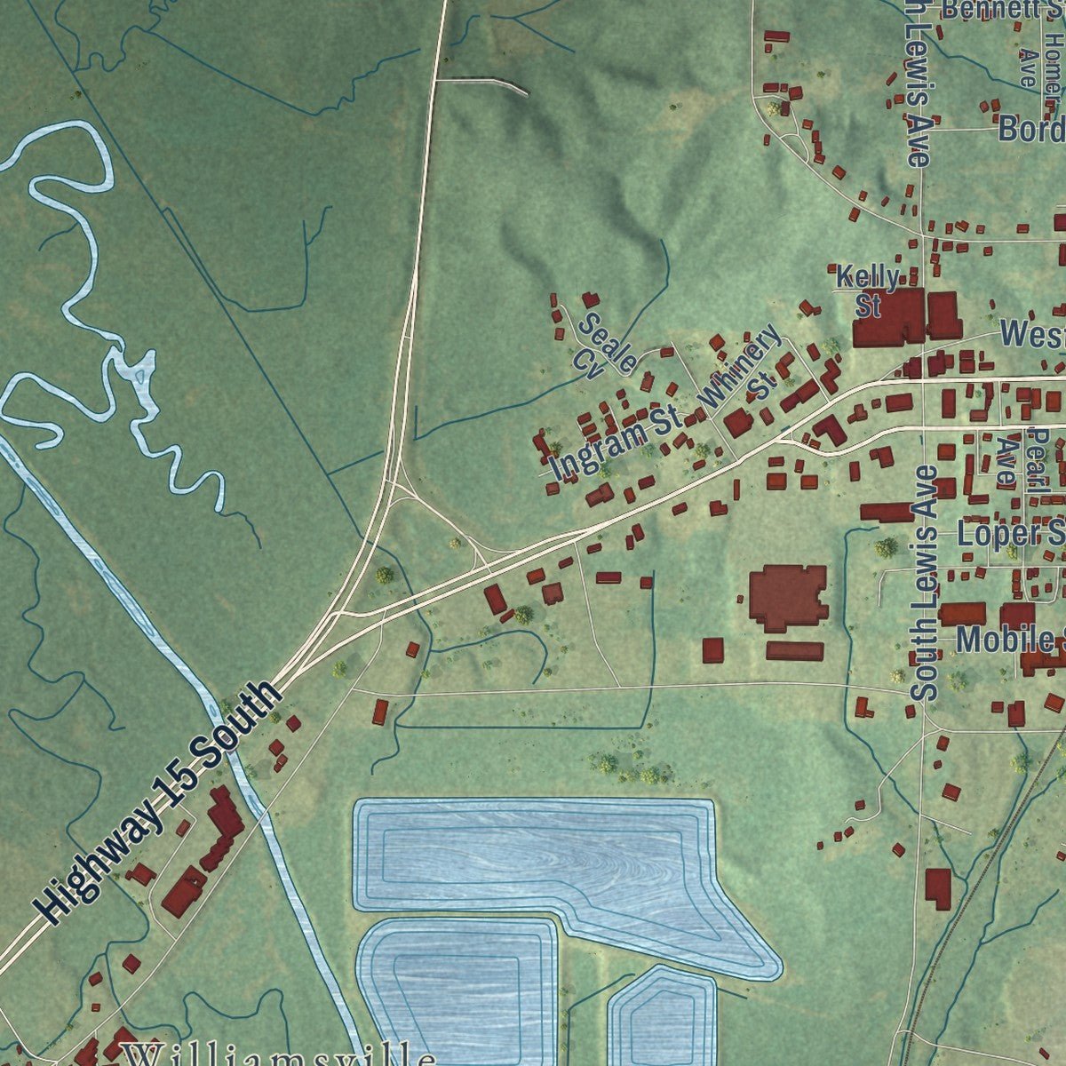 Second close-up of the map of Philadelphia, Mississippi print showing more streets and buildings