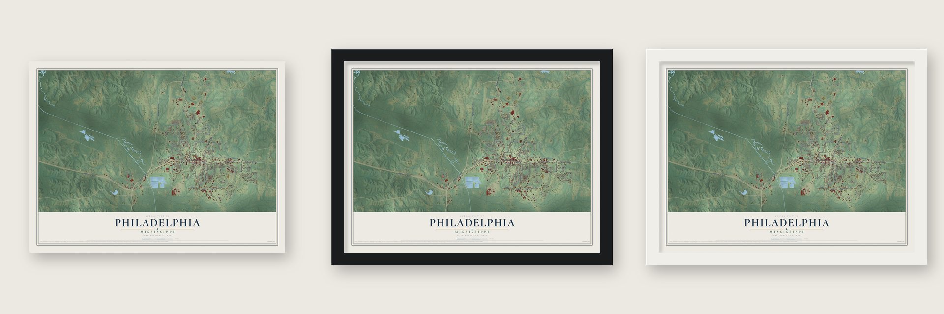 Philadelphia, Mississippi map unframed, in a black wood frame and in a white wood frame