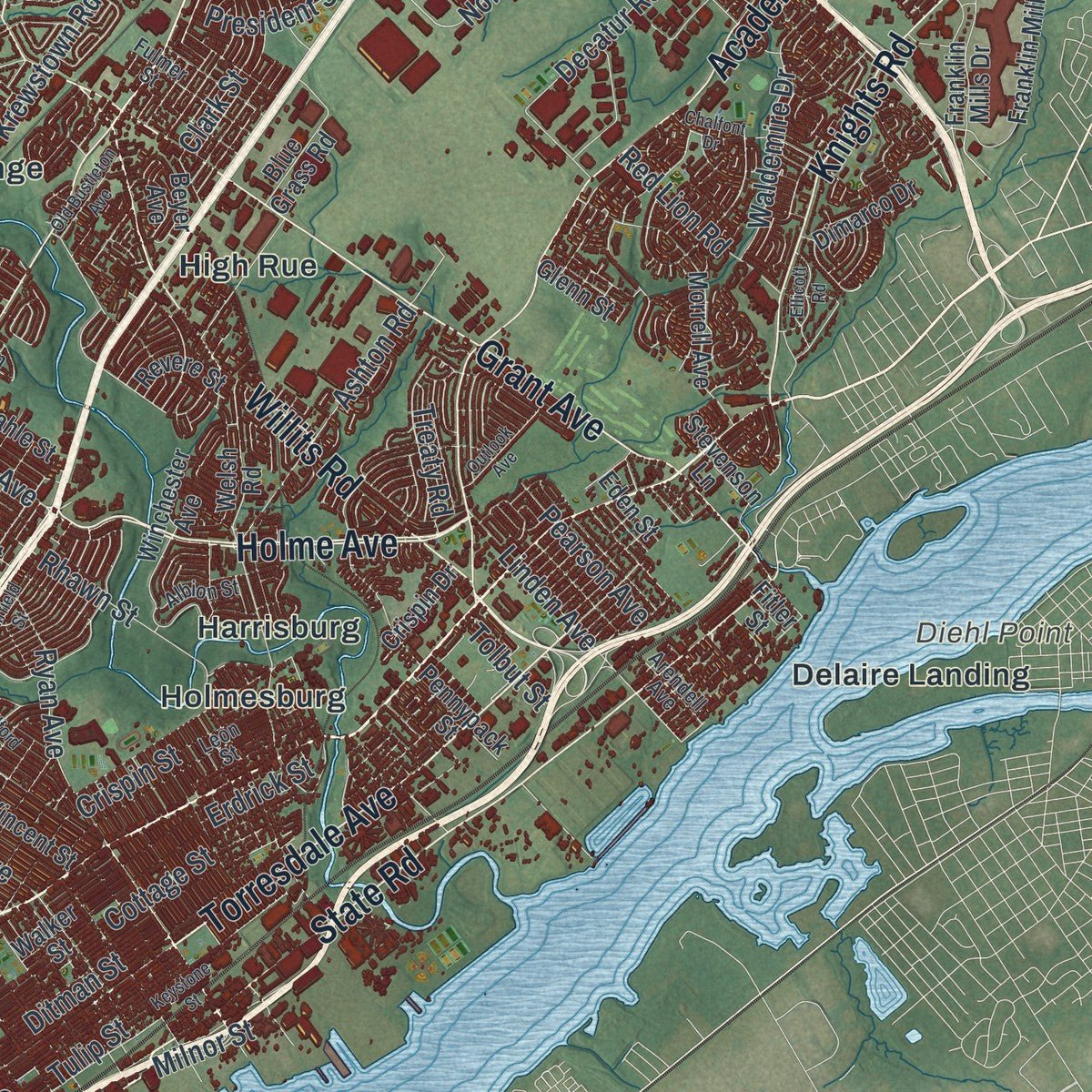 Second close-up of the map of Philadelphia, Pennsylvania print showing more streets and buildings