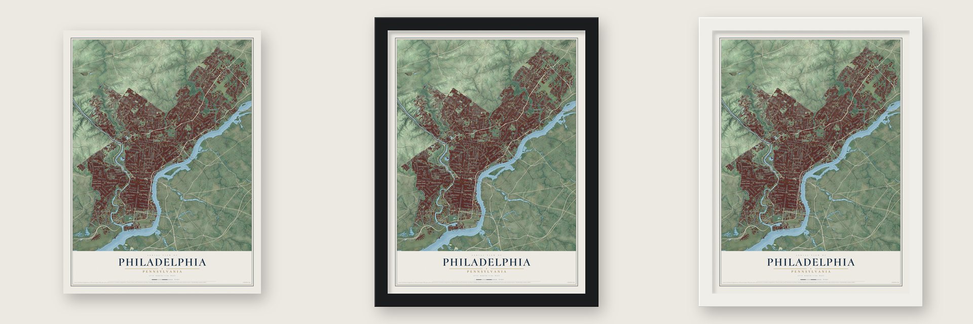 Philadelphia, Pennsylvania map unframed, in a black wood frame and in a white wood frame