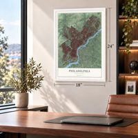 Philadelphia, Pennsylvania map, 18 x 24 inch print in a white frame in a home office