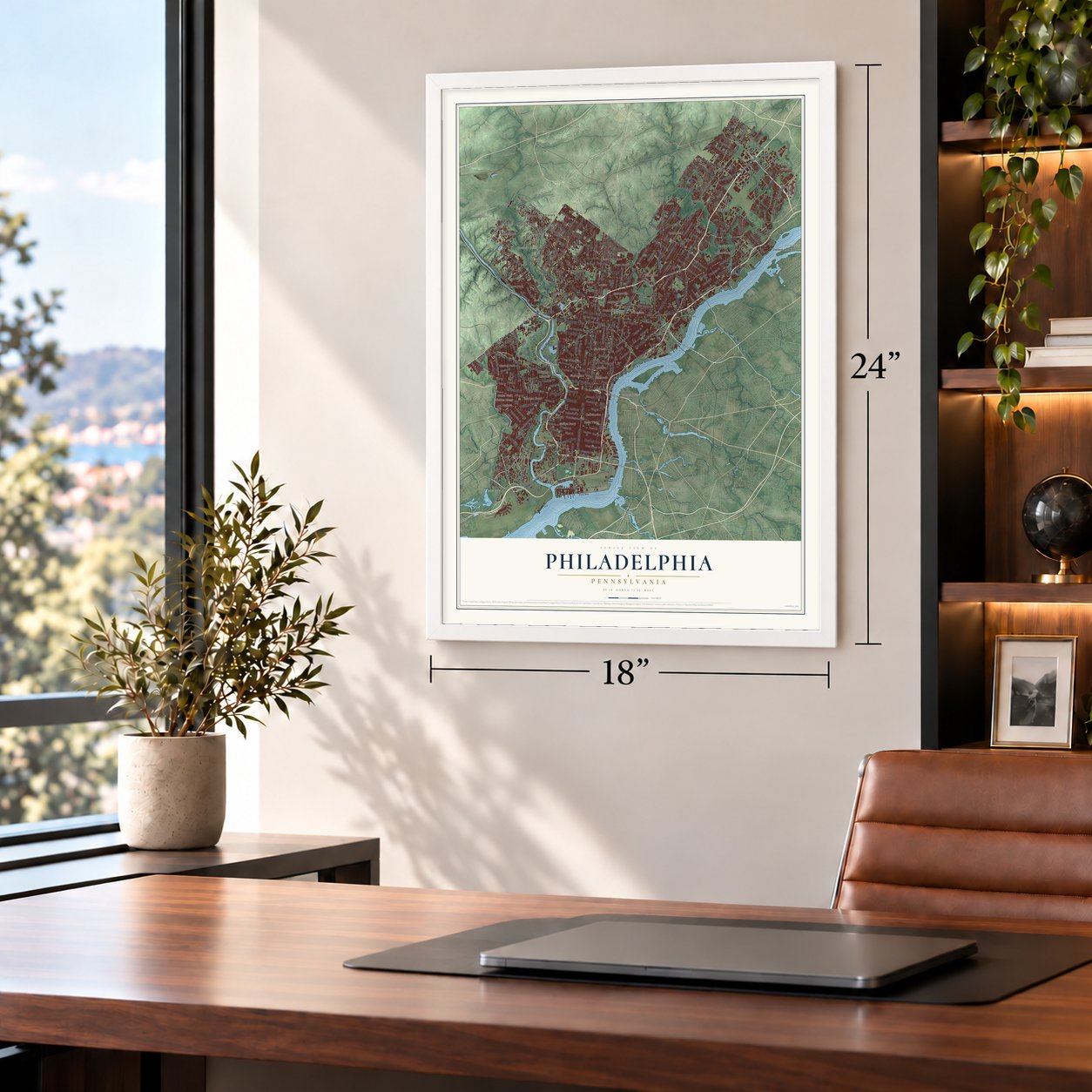 Philadelphia, Pennsylvania map, 18 x 24 inch print in a white frame in a home office