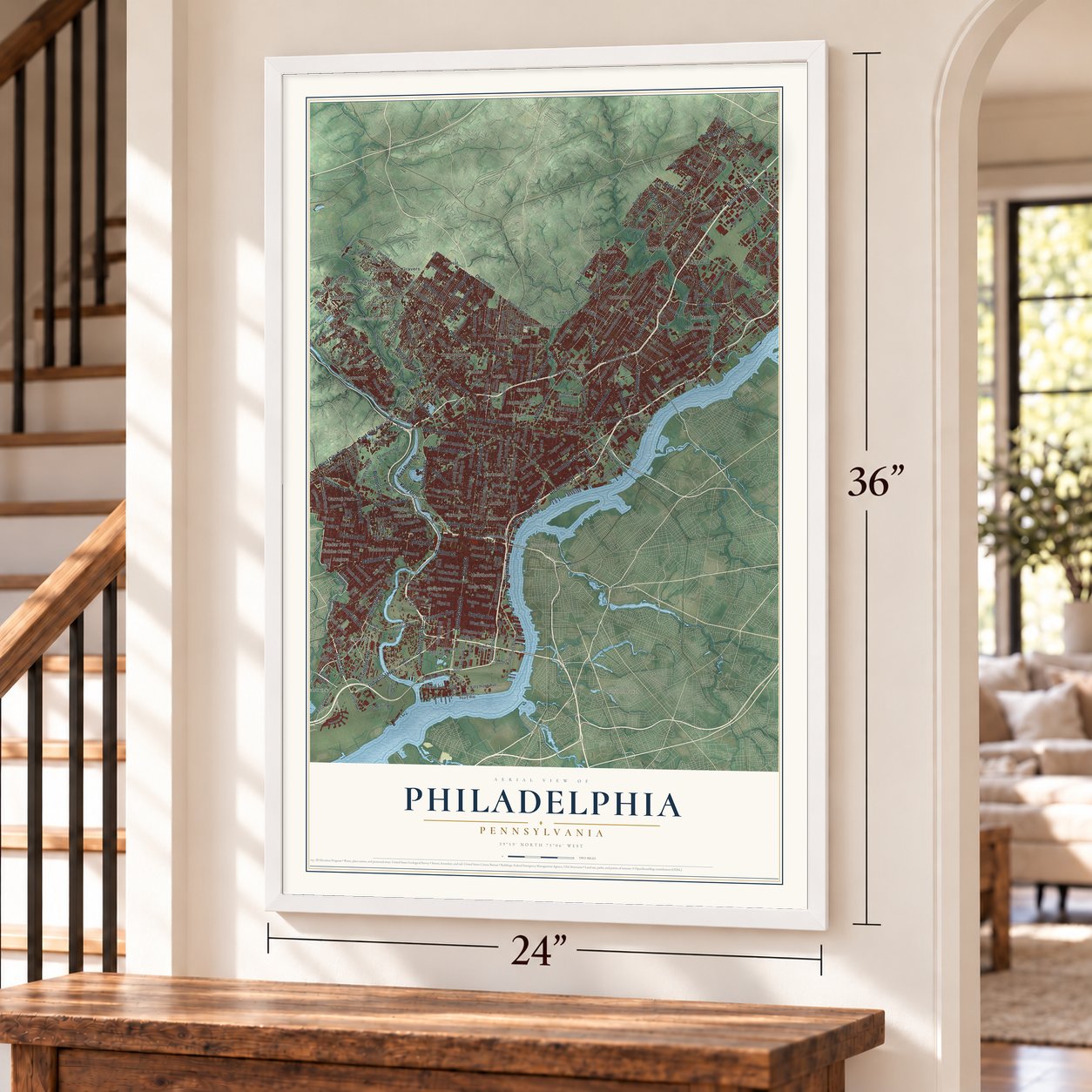 Philadelphia, Pennsylvania map, 24 x 36 inch print in a white frame by a staircase