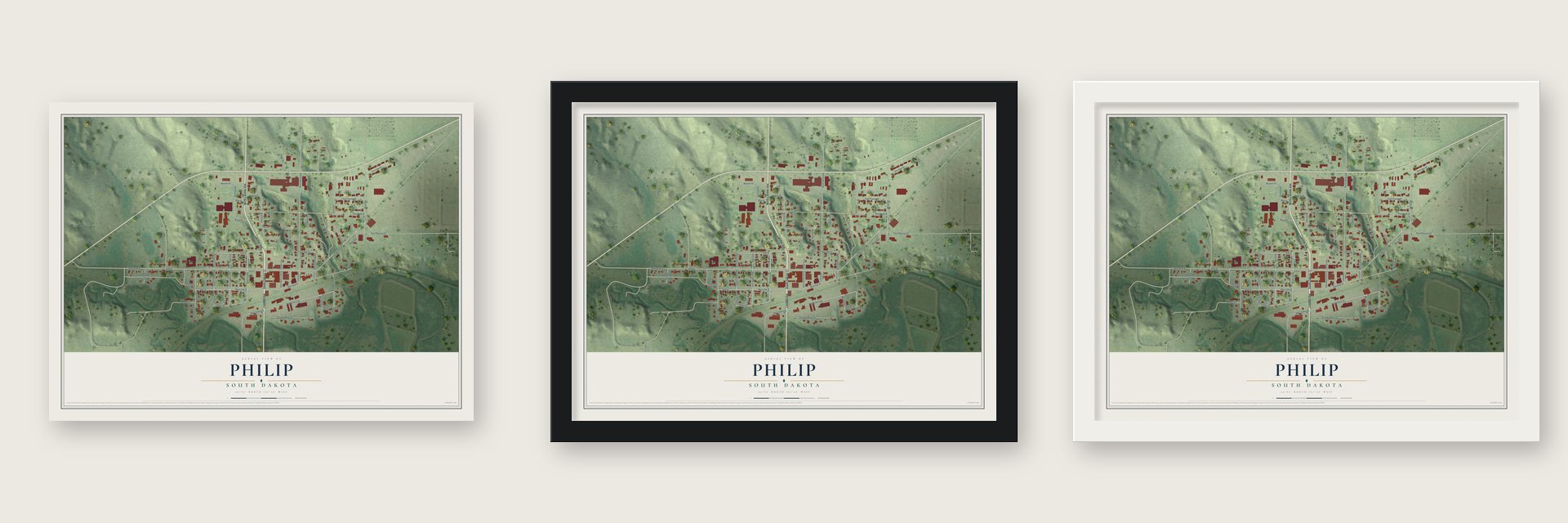 Philip, South Dakota map unframed, in a black wood frame and in a white wood frame