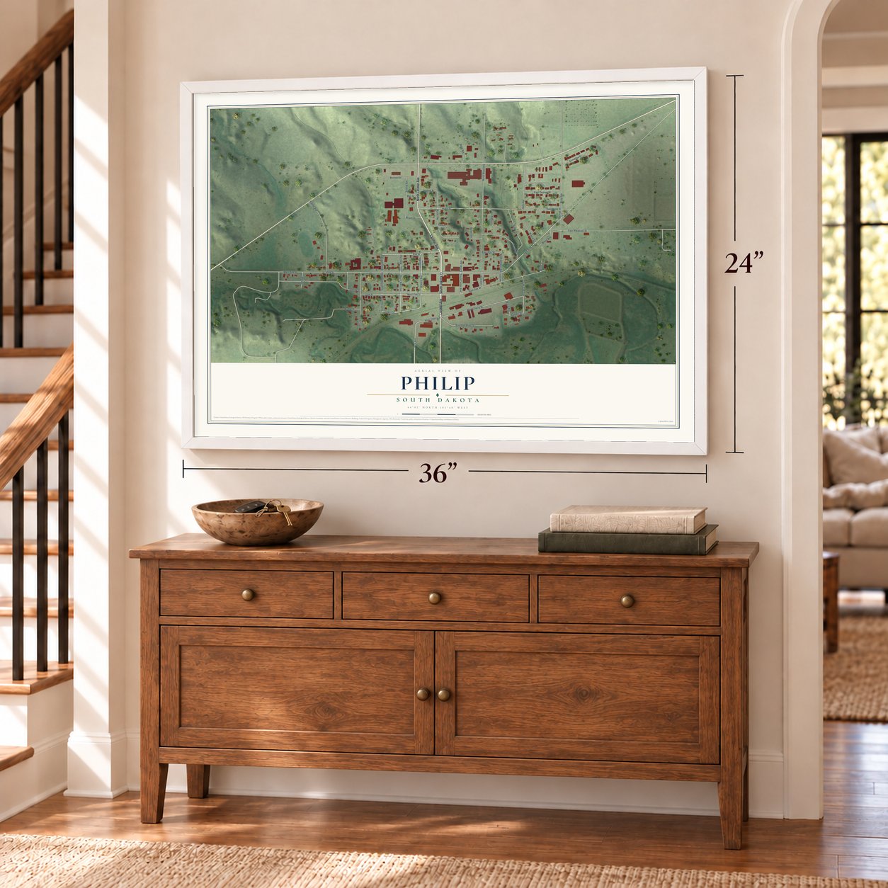 Philip, South Dakota map, 24 x 36 inch print in a white frame above a dresser by a staircase