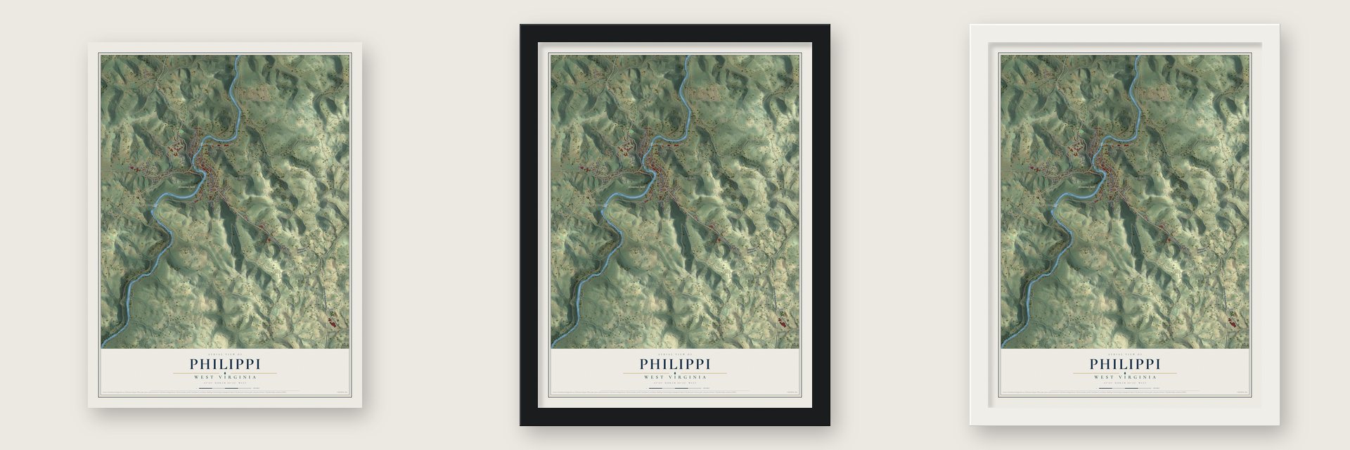 Philippi, West Virginia map unframed, in a black wood frame and in a white wood frame
