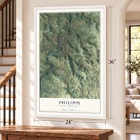 Philippi, West Virginia map, 24 x 36 inch print in a white frame by a staircase