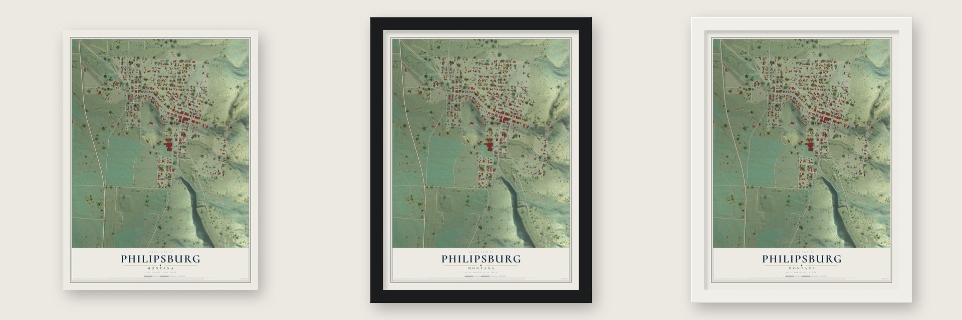 Philipsburg, Montana map unframed, in a black wood frame and in a white wood frame