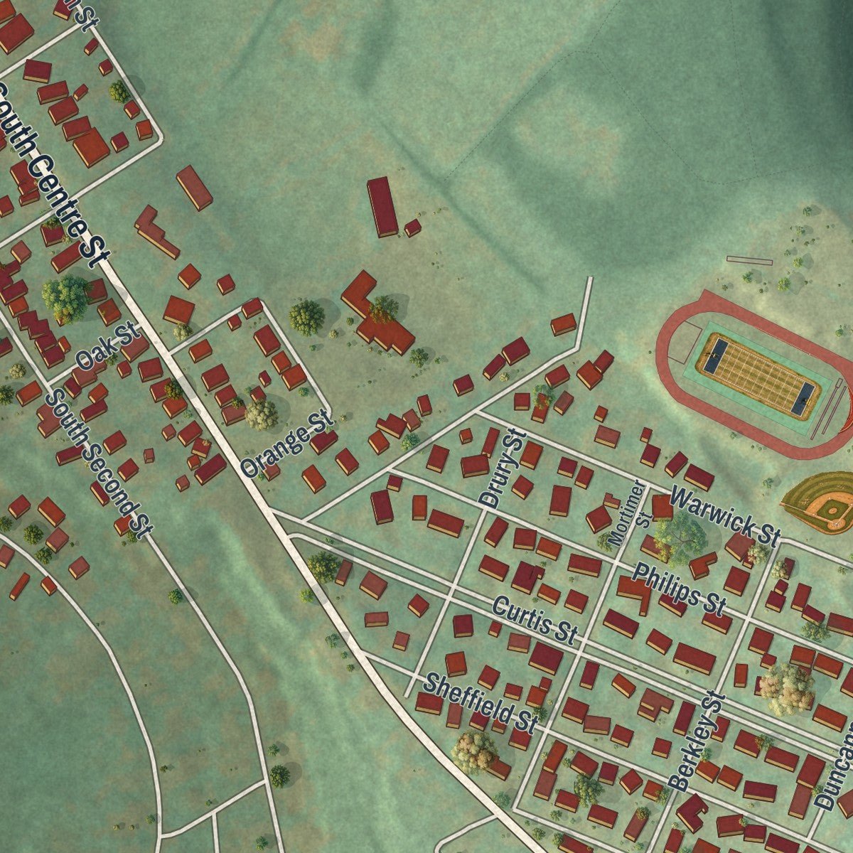 Second close-up of the map of Philipsburg, Pennsylvania print showing more streets and buildings