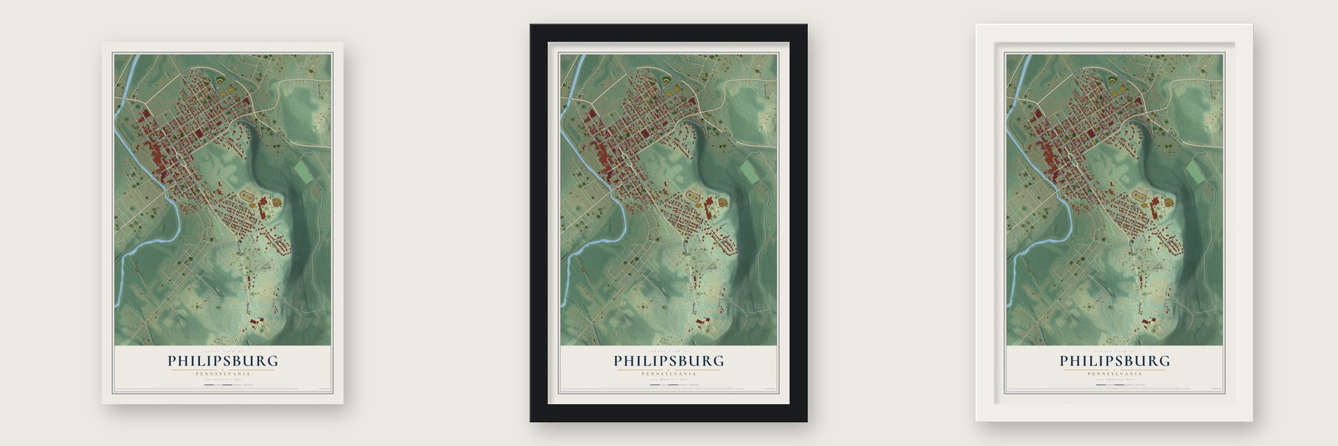 Philipsburg, Pennsylvania map unframed, in a black wood frame and in a white wood frame
