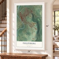 Philipsburg, Pennsylvania map, 24 x 36 inch print in a white frame by a staircase