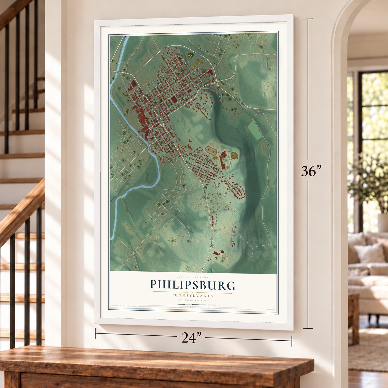 Philipsburg, Pennsylvania map, 24 x 36 inch print in a white frame by a staircase