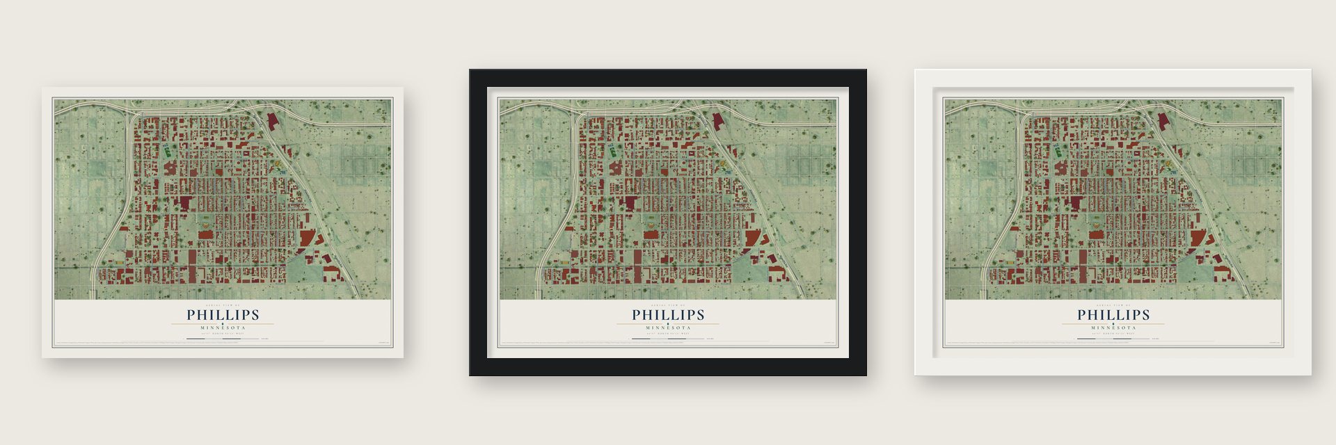 Phillips, Minnesota map unframed, in a black wood frame and in a white wood frame