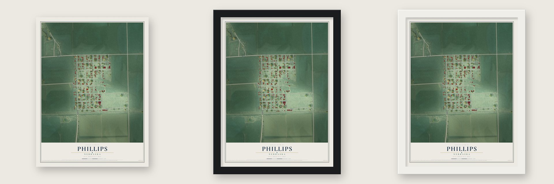 Phillips, Nebraska map unframed, in a black wood frame and in a white wood frame