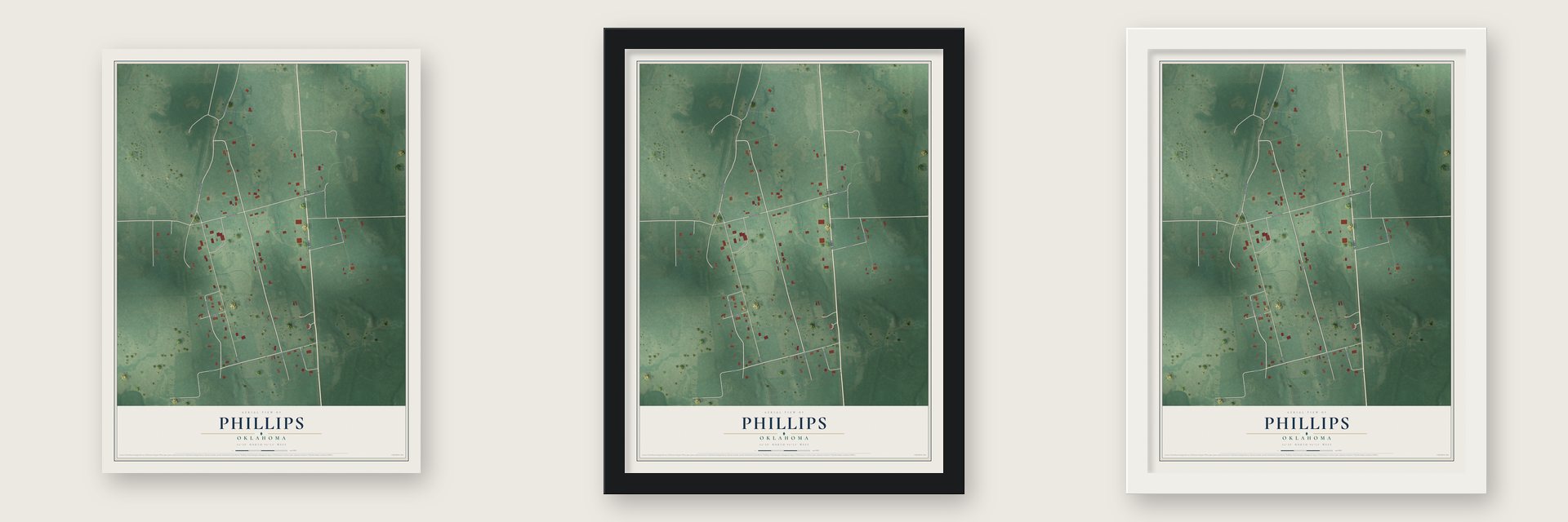 Phillips, Oklahoma map unframed, in a black wood frame and in a white wood frame