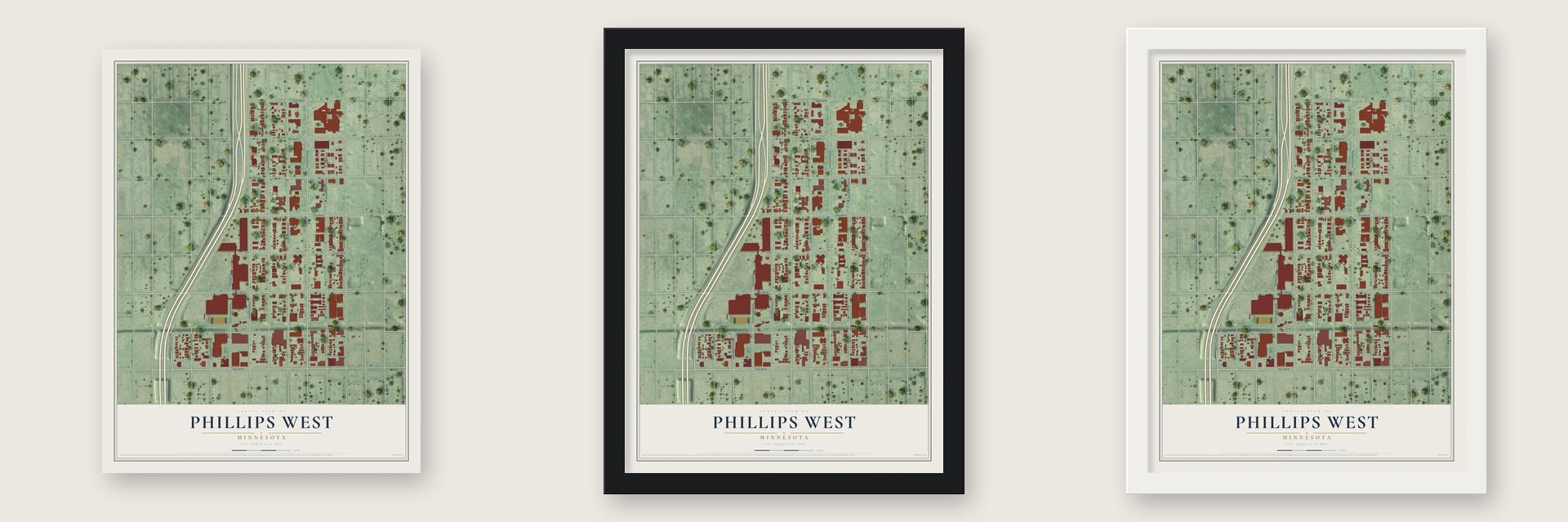 Phillips West, Minnesota map unframed, in a black wood frame and in a white wood frame