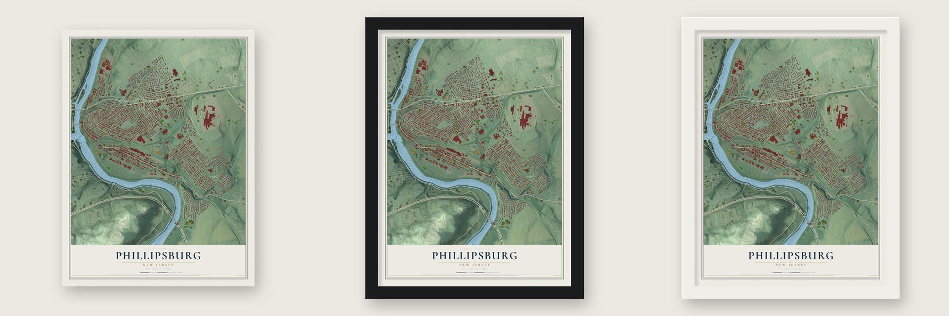 Phillipsburg, New Jersey map unframed, in a black wood frame and in a white wood frame