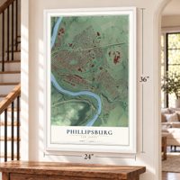 Phillipsburg, New Jersey map, 24 x 36 inch print in a white frame by a staircase
