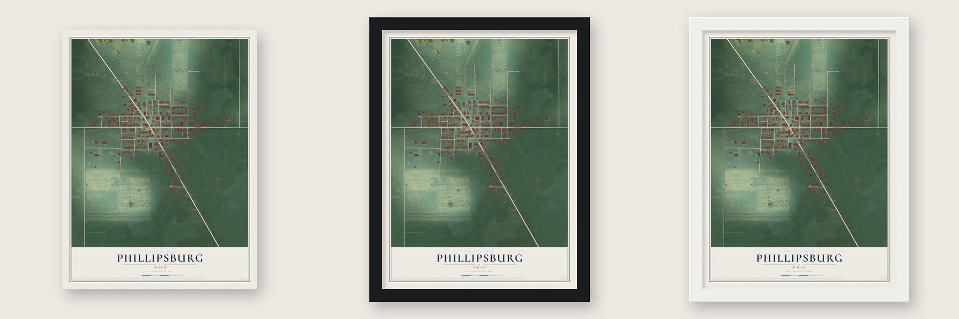 Phillipsburg, Ohio map unframed, in a black wood frame and in a white wood frame
