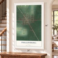 Phillipsburg, Ohio map, 24 x 36 inch print in a white frame by a staircase