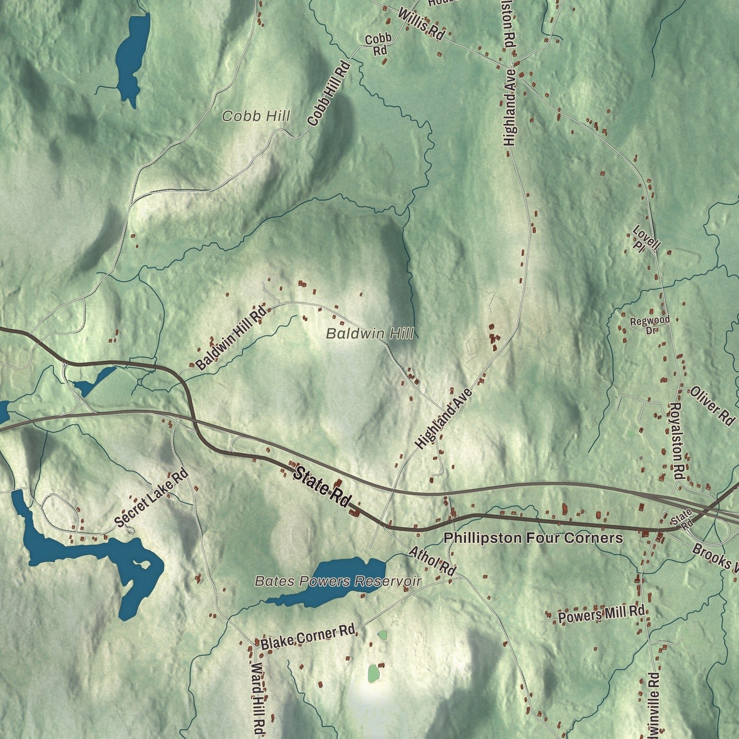 Close-up of the map of Phillipston, Massachusetts print showing terrain and local geography