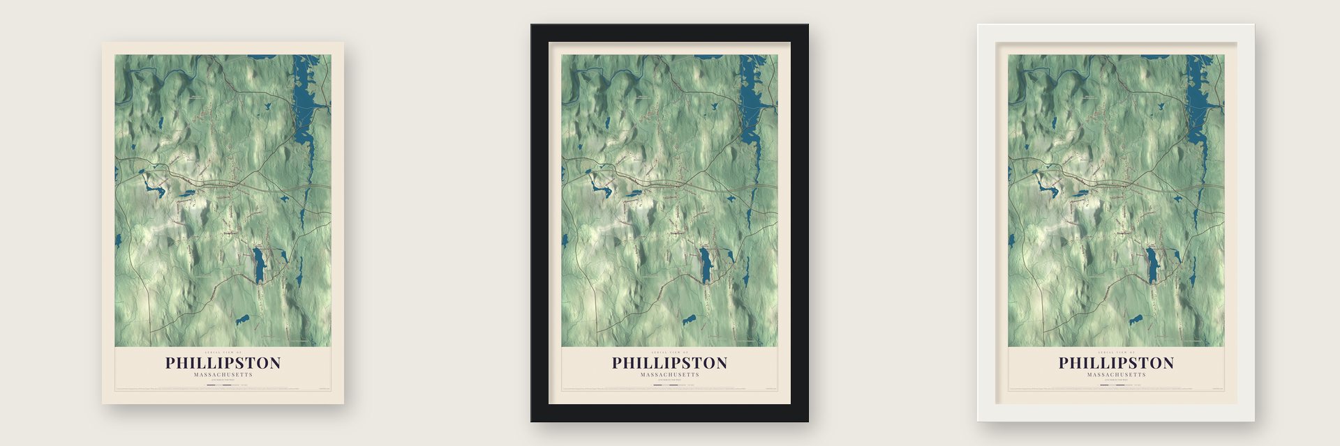 Phillipston, Massachusetts map unframed, in a black wood frame and in a white wood frame